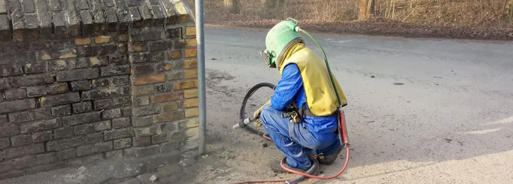 Ein Mitarbeiter führt Sandstrahlen durch